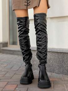 Women's Over The Knee Boots Round Toe Fashion Pleated Boots High Heels Thick Sole Stretch Boots Black Slip-On Flat Platform Boots