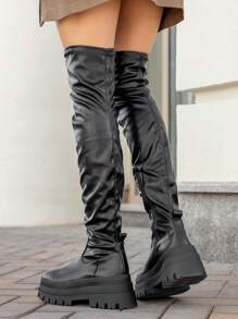 Women's Over The Knee Boots Round Toe Fashion Pleated Boots High Heels Thick Sole Stretch Boots Black Slip-On Flat Platform Boots