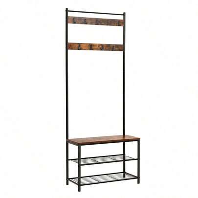 VASAGLE Coat Rack, Hallway Cabinet, Cloakroom, Clothes Rack, With Bench And Shoe Shelves, Hooks, Metal Frame, Height 175 Cm, Industrial Style, Rustic Brown And Black