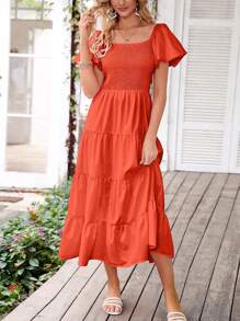 Women's  Summer Casual Midi Dress Puffy Short Sleeve Square Neck Smocked Tiered Ruffle Graduation Dresses - 橘色 - 查看 3