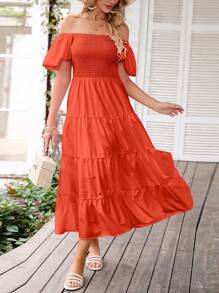 Women's  Summer Casual Midi Dress Puffy Short Sleeve Square Neck Smocked Tiered Ruffle Graduation Dresses - 橘色 - 查看 5
