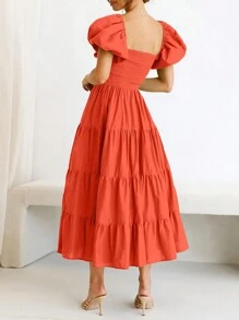 Women's  Summer Casual Midi Dress Puffy Short Sleeve Square Neck Smocked Tiered Ruffle Graduation Dresses - 橘色 - 查看 2