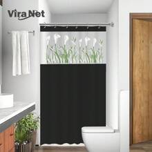 Printed PVC Shower Curtain For Bathroom Anti-Mold With Hooks - 黑色 - 查看 1