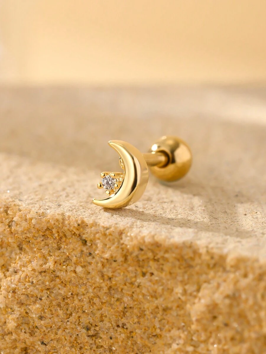 1 chiếc khuyên tai hình mặt trăng và ngôi sao bằng hợp kim đồng khảm sụn tai, nhỏ nhắn và tinh tế bằng thép không gỉ 316L dạng thanh thẳng tròn dành cho phụ nữ đeo hàng ngày - Vàng - Xem 1