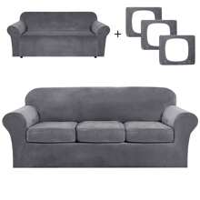 2 件/3 件/4 件套加厚弹力银狐毛绒纯色沙发套带座垫，适合家庭客厅卧室餐厅沙发套，可携带宠物 - 灰色 - 查看 1