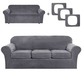 2pcs/3pcs/4pcs Set Thicken Stretch Silver Fox Plush Solid Color Sofa Covers With Seat Cushions, Home Living Room Bedroom Dining Room Sofa Cover, Pet Friendly