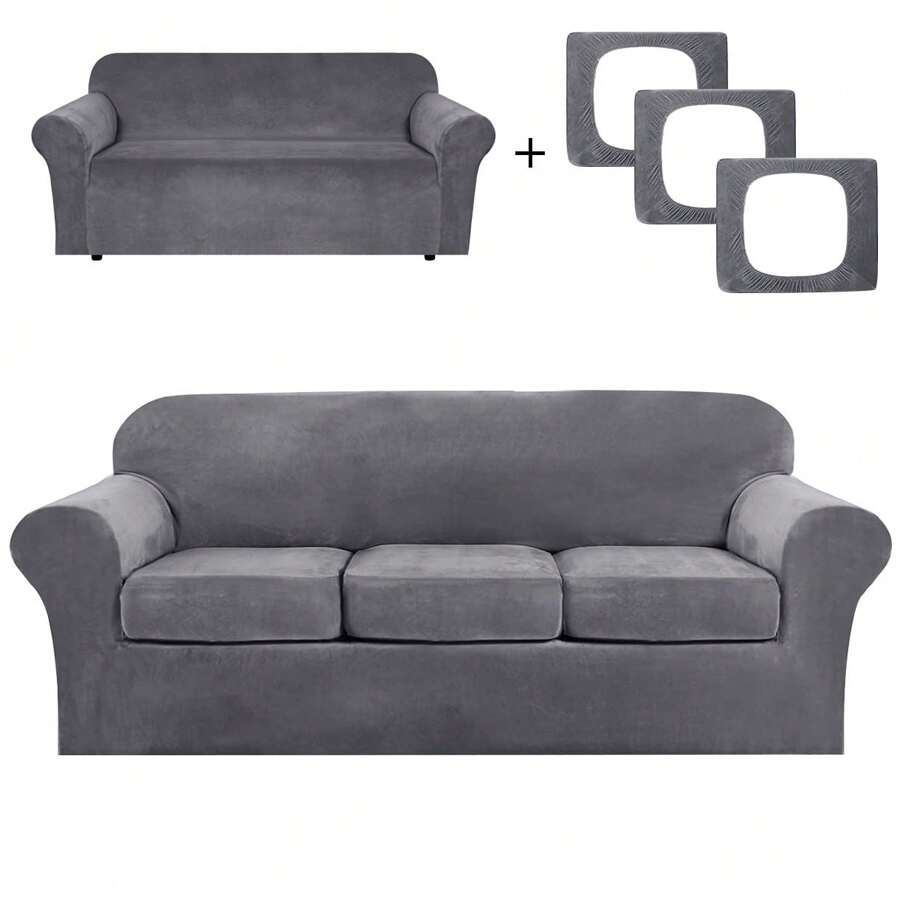 2 件/3 件/4 件套加厚弹力银狐毛绒纯色沙发套带座垫，适合家庭客厅卧室餐厅沙发套，可携带宠物 - 灰色 - 查看 1
