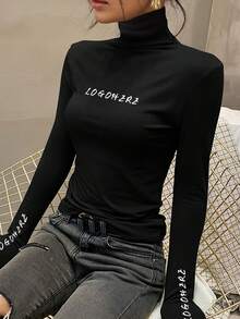 Turtleneck Fitted Base Layer Top Women, New Spring & Autumn Embroidered Long Sleeve Black Stylish Undershirt - Black - View 2