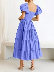 Women's Casual Summer Midi Dress Puffy Short Sleeve Square Neck Smocked Tiered Ruffle Dresses - Màu xanh tím - Xem 2