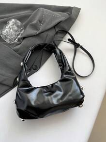 黑色复古 Babe 女士超大单肩包，蜡质软皮，铆钉装饰，新月造型，适合工作、休闲、旅行、斜挎包 - 黑色 - 查看 8