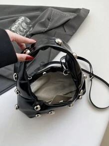 黑色复古 Babe 女士超大单肩包，蜡质软皮，铆钉装饰，新月造型，适合工作、休闲、旅行、斜挎包 - 黑色 - 查看 9