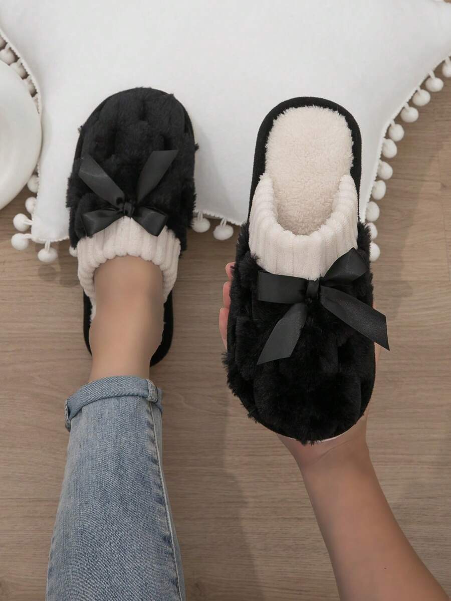 新款女士秋冬拖鞋，室内安静温暖可爱蝴蝶结装饰拖鞋 - 黑色 - 查看 1