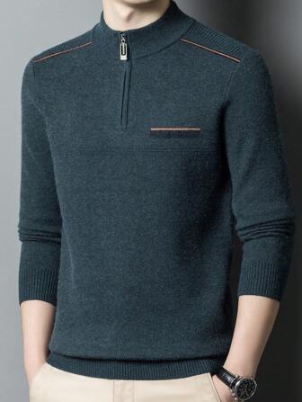 Men Winter Half Zip Placket Mock Neck Thickened Knitted Sweater , For Fall, Long Sleeve Top
