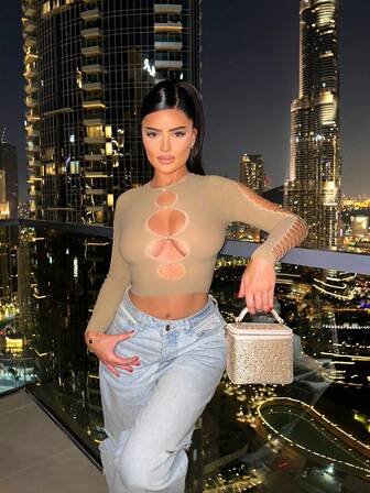 Damen einfarbiges Rundhals Langarm enganliegendes T-Shirt mit Aushöhlung, sexy, kurz geschnitten, Frühling/Sommer