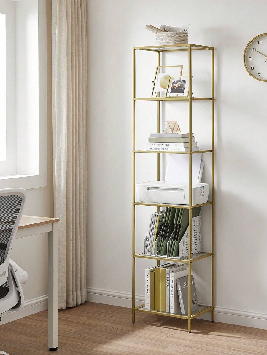 VASAGLE 6-Tier Glass Shelf, Bookshelf, Storage Rack, Tempered Glass, Easy Assembly, For Bathroom, Living Room, Bedroom, Office, Metallic Gold - Gold - View 1