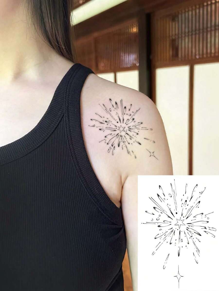 1 件防水临时纹身贴纸，星光烟花，闪耀设计，适合时尚爱好者 - 黑色 - 查看 1