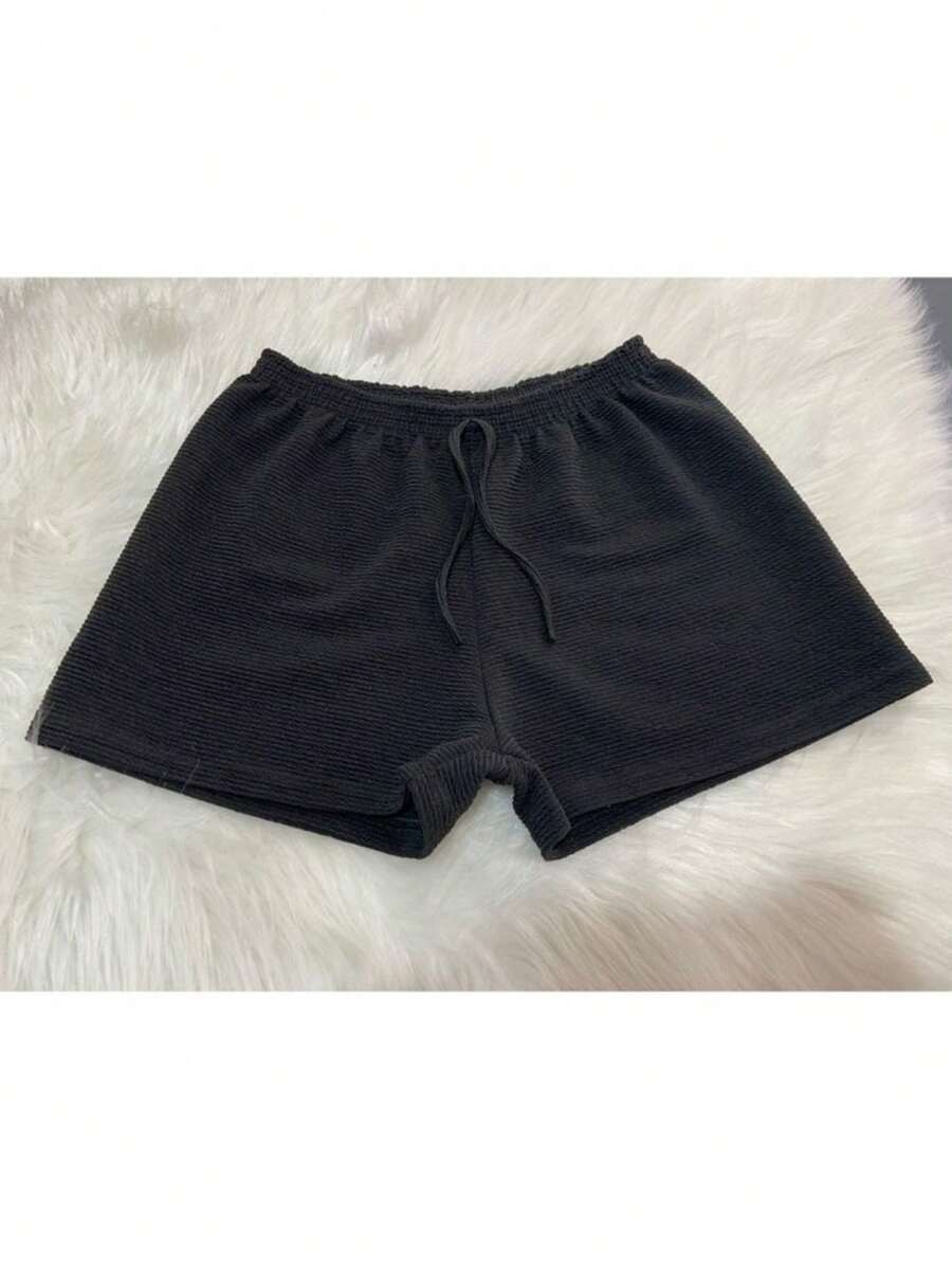 Loose Short Shorts In Seersucker Fabric, Basic, Comfortable, Summer, Heat, Women's Clothing, Blogger Fashion, Trendy, Beach, Pool, Heat, Pool, Light - màu đen - Xem 1
