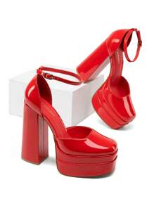 Women Platform High Chunky Block Heels Pumps Square Closed Toe Ankle Strap Solid Color Wedding Party Prom Festival Shoes - Đỏ - Xem 7