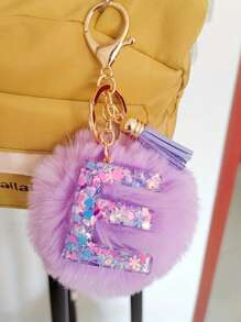 Initial Letter Keychain Pendant Resin Letter Keychain Wallet Backpack Accessory, Purple Fur Ball And Letters, Is The Best Gift For Family And Loved Ones, Letters A-Z Are Available For Selection, Fashionable Items, Alphabet Pendant For Bags - Purple - View 14