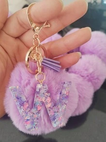Initial Letter Keychain Pendant Resin Letter Keychain Wallet Backpack Accessory, Purple Fur Ball And Letters, Is The Best Gift For Family And Loved Ones, Letters A-Z Are Available For Selection, Fashionable Items, Alphabet Pendant For Bags - Purple - View 32