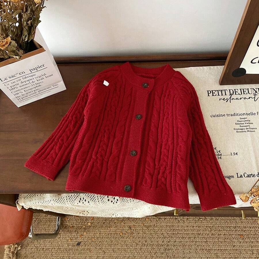 Young Girls Cable Knitted Round Neck Cardigan - Red - View 1