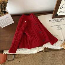 Young Girls Cable Knitted Round Neck Cardigan - Red - View 5
