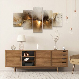 5 Pieces Framed Canvas Wall Art Set - Abstract Golden Landscape, Modern Art Deco Style, Wood Frame, Canvas Surface - Coastal Inspired Indoor Decor For Living Room, Bedroom, Bathroom, Dining Areas - Fall & Summer Themed Art