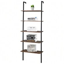 Industrial Wall Mounted Bookcase 5-Tier Open Ladder Shelf Bookshelf With Metal Frame, 23.6" L X 11.8" W X 70.9" H