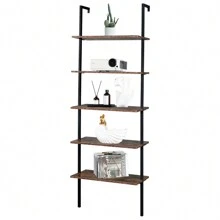 Industrial Wall Mounted Bookcase 5-Tier Open Ladder Shelf Bookshelf With Metal Frame, 23.6" L X 11.8" W X 70.9" H