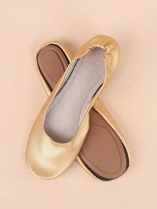 女士时尚休闲柔软轻便可折叠室内便携式舞蹈鞋 - 金色 - 查看 1