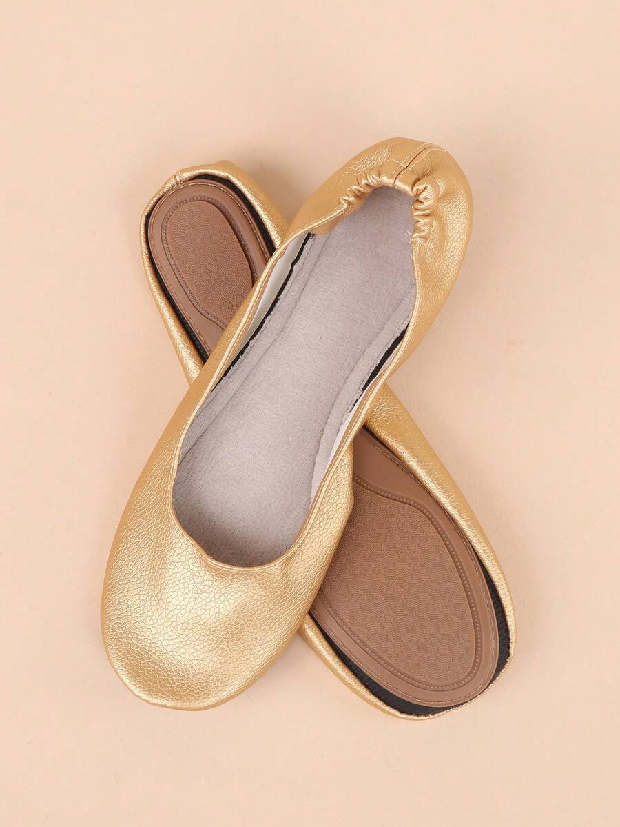女士时尚休闲柔软轻便可折叠室内便携式舞蹈鞋 - 金色 - 查看 1
