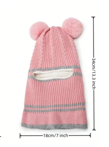 儿童冬季帽子 - 防风护耳针织纯色无檐小便帽，配有双绒球和保暖颈套围巾 - 雙球針織帽 - 查看 4