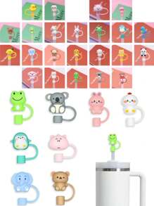 8 个随机颜色可重复使用吸管盖，防尘吸管盖，适用于 9-10 毫米吸管，适用于圣诞礼物、万圣节、卡通动物、运动、杯子、花卉系列、派对、节日、旅行、日常使用 - B - 查看 13