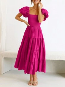 Women's Casual Summer Midi Dress Puffy Short Sleeve Square Neck Smocked Tiered Ruffle Dresses - Đỏ hồng đậm - Xem 6