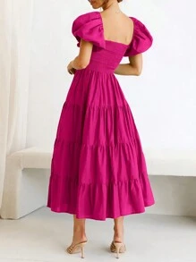 Women's Casual Summer Midi Dress Puffy Short Sleeve Square Neck Smocked Tiered Ruffle Dresses - Đỏ hồng đậm - Xem 2