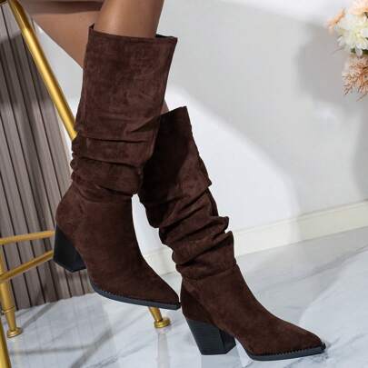 Fall/Winter 2025 Women's Fashionable Black Chunky Heeled Pointed Toe Suede-Like Leopard Print Pleated Slip-On Vintage Casual Western Cowboy Riding Boots,Brown Boots