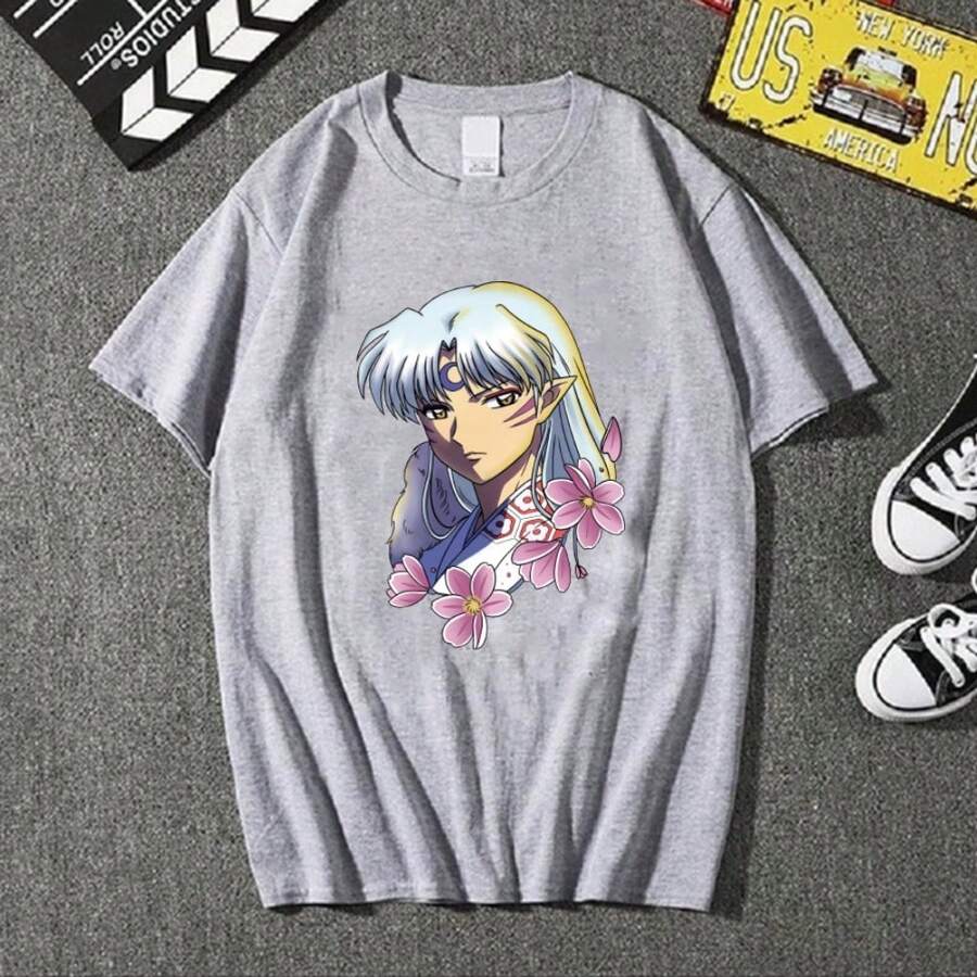 T-Shirt Sesshomaru Japanese Anime Manga Otaku Geek Nerd Shirt Blouse Unisex Male Female 100% Cotton Top Premium Streetwear New Release Fast Shipping Various Colors!! Plus Size - 灰色 - 查看 1