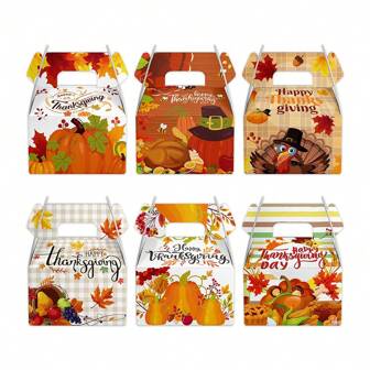 6pcs Thanksgiving Happy Handheld Paper Boxes, Biscuit Candy And Gift Packaging Boxes