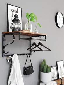 VASAGLE Wall Wardrobe Wall Shelf 5 Hook Shelf Industrial Design Hook Sticker Hanging Bar For Hallway Bedroom Bathroom Living Room Vintage Brown-Black