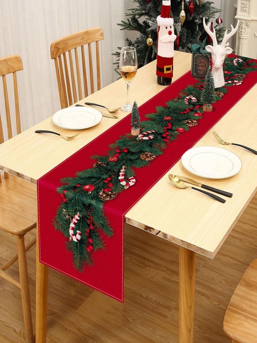 1 件亚麻桌旗，圣诞快乐桌旗，松枝圣诞图案桌布，圣诞节氛围桌旗，节日桌面装饰家居装饰，圣诞装饰 - 彩色 - 查看 1