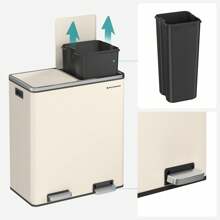 SONGMICS Double Compartment 2 X 30 L Rubbish Bin With 15 Bin Bags, Metal Foot Pedals, 2 Internal Plastic Buckets, Lids, Handles, Soft Close, Cream - Màu be - Xem 3