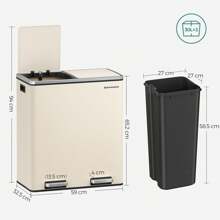 SONGMICS Double Compartment 2 X 30 L Rubbish Bin With 15 Bin Bags, Metal Foot Pedals, 2 Internal Plastic Buckets, Lids, Handles, Soft Close, Cream - Màu be - Xem 5