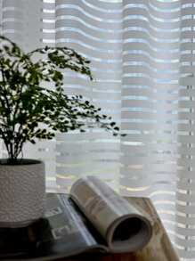 1pc Sheer Striped Curtain Panel, Minimalist Modern Polyester For Living Room Bedroom Home Use - White - View 4