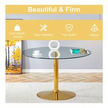 Modern 47" Round Glass Dining Table Set With 4 Tufted Velvet Chairs - Sleek And Stylish - Golden Table and Gray Chairs with Golden Leg - View 4