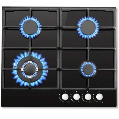 SNDOAS SNDOAS Placa de Gas 4 Llamas, Cocina de Gas de Vidrio de 58 cm con protección automática de Llama, Gas Natural y Gas Propano, empotrada o Independiente, 8060W, 220-240V