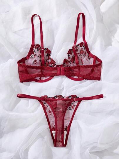 Women Geborduurde Mesh See Through Underwire Verleidelijke Lingerie Set Rave view 5