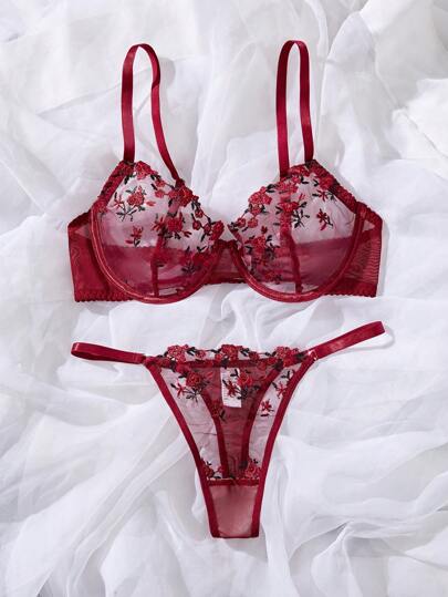 Women Geborduurde Mesh See Through Underwire Verleidelijke Lingerie Set Rave view 2