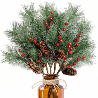 1pc/5PCS Artificial Pine Tree Picking Christmas Simulation Pine Needles, Small Berries, Pine Cones, Flower Garlands Garden Christmas Tree Decorations, Realistic And Durable Plastic Artificial Plants Christmas Decorations, Modern Minimalist Style - Used For Home Decoration, Vases, Weddings, Parties