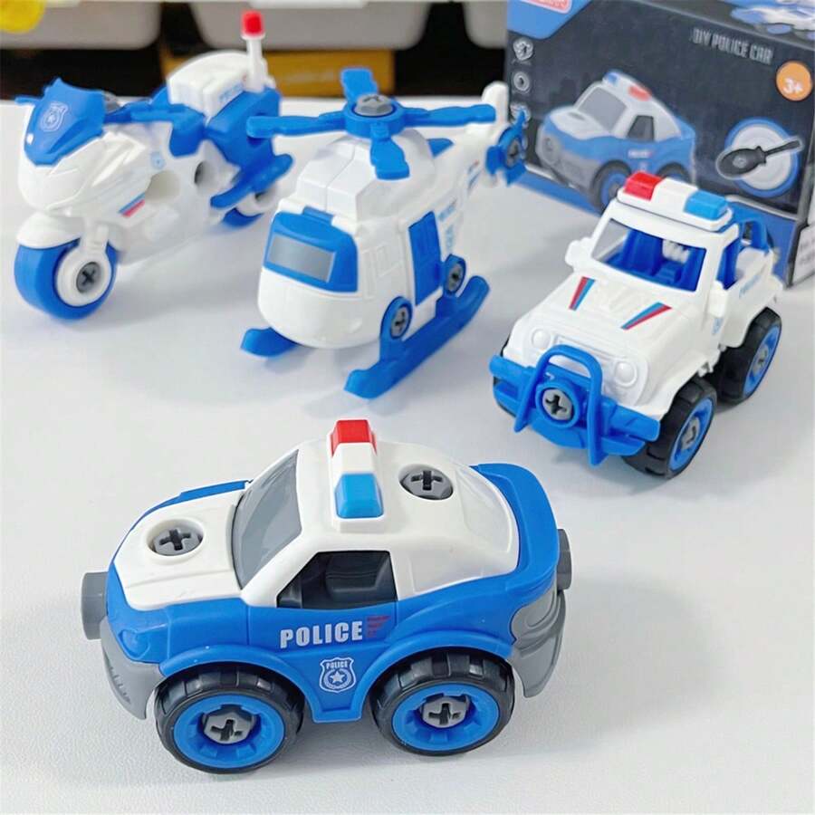 DIY儿童拼装警察直升机、摩托车、汽车系列玩具、手动推拉惯性玩具车、益智拆装螺丝玩具模型、/圣诞礼物