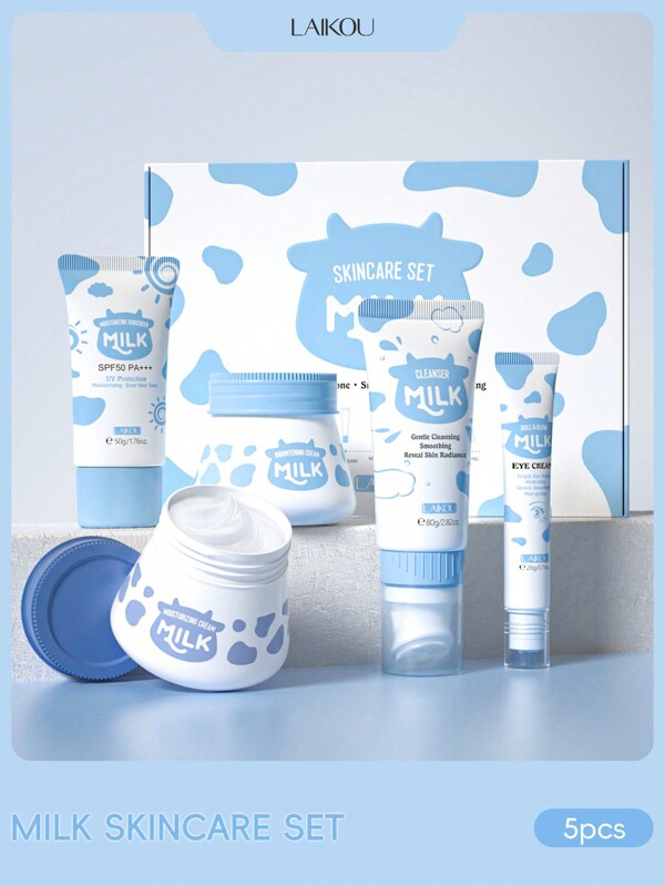 1 Set de 5 piezas Conjunto de cuidado de la piel LAIKOU con leche iluminadora, (Loción protectora solar SPF50 de 50g y limpiador facial no irritante de 80g y crema para ojeras iluminadora de 20g y crema facial para arrugas de 55g y loción facial humectante blanqueadora de 55g) Mejora el cuidado general de la piel. Cajas de regalo. Regalo para mujeres y niñas, regalo de Navidad